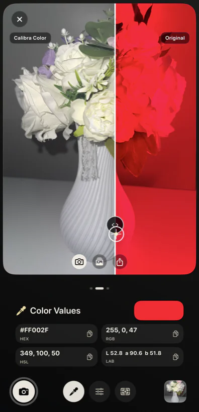 Color Values ekranı — HEX, RGB, HSL, Lab